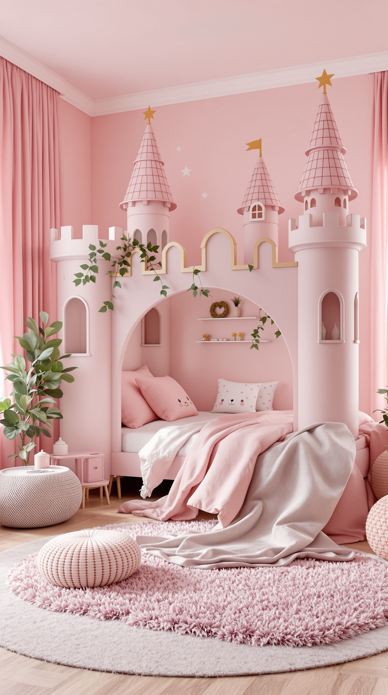 A pink fairytale castle bed with towers, soft pillows, and cozy decor.
