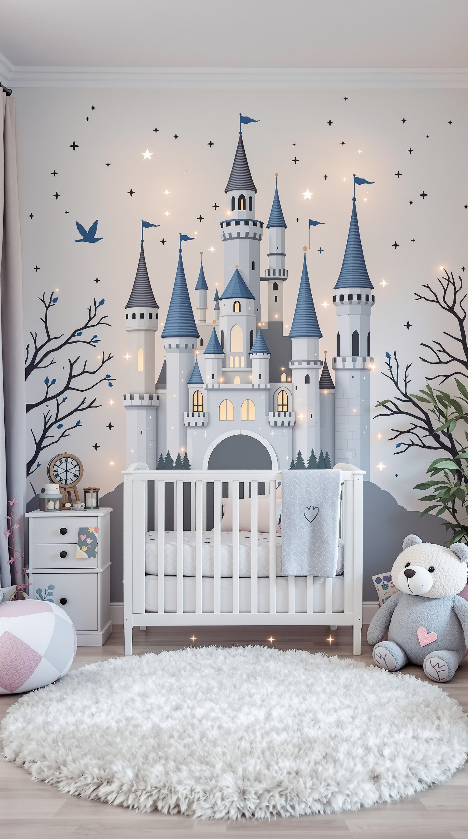 A baby boy's room designed with a fairytale castle theme, featuring a castle mural, a cozy crib, and playful decor.