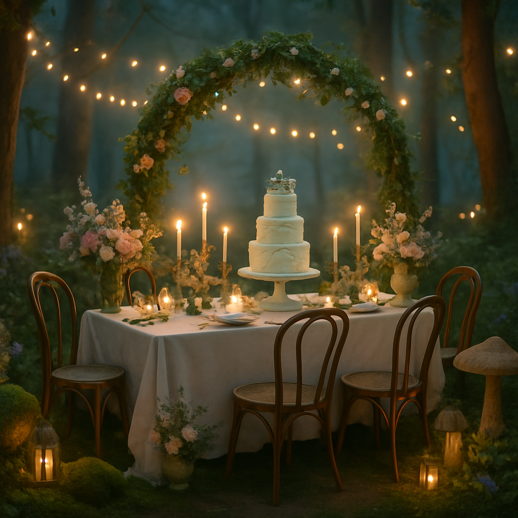 A beautifully arranged bridal shower table in a forest setting with a cake, flowers, and candles.