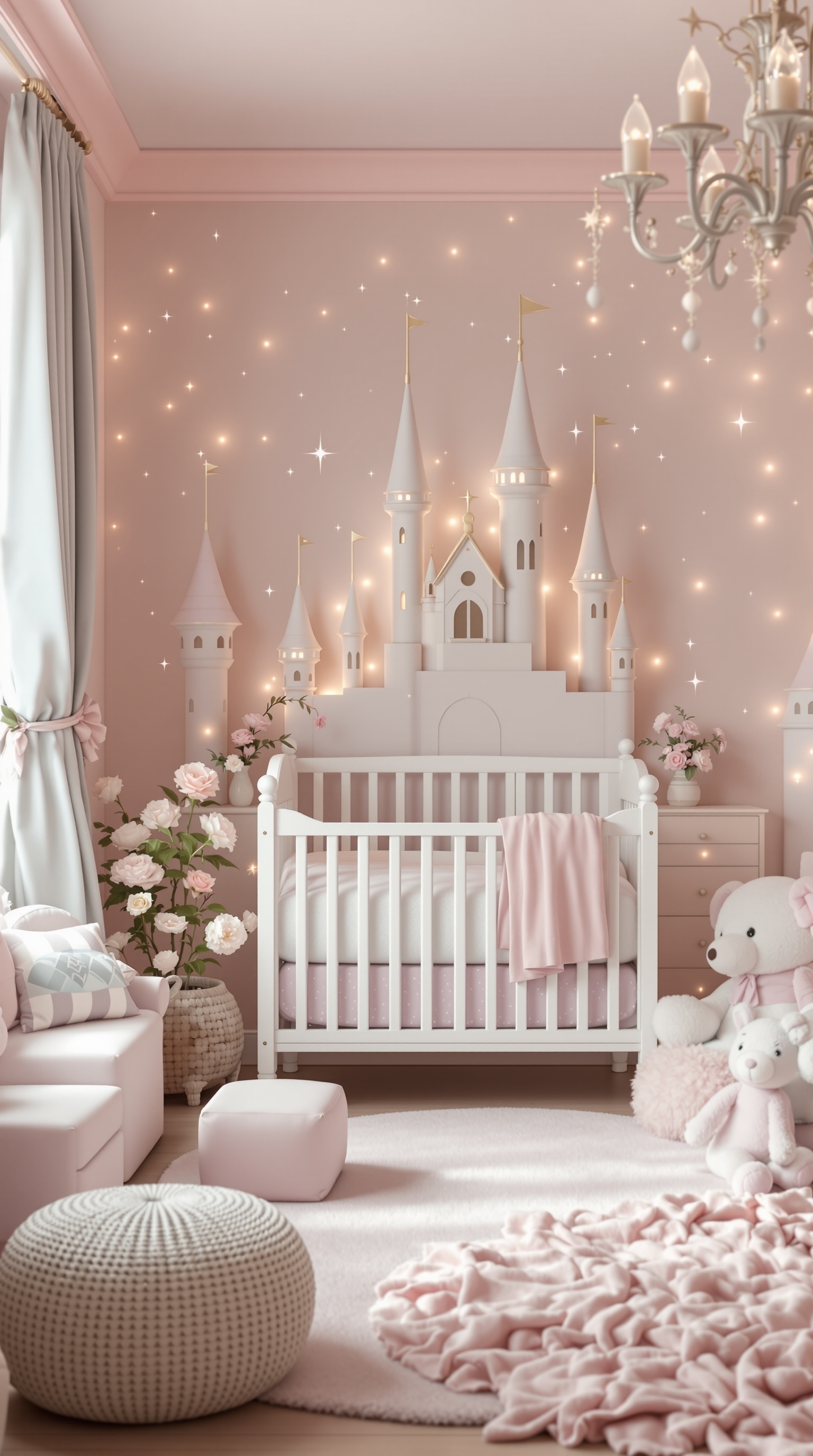 A beautifully decorated baby room with a fairytale theme, featuring a castle wall design, soft pink colors, and cozy furnishings.