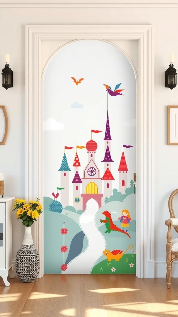 A colorful fairytale kingdom door design featuring a castle, dragons, and a girl with a cat.