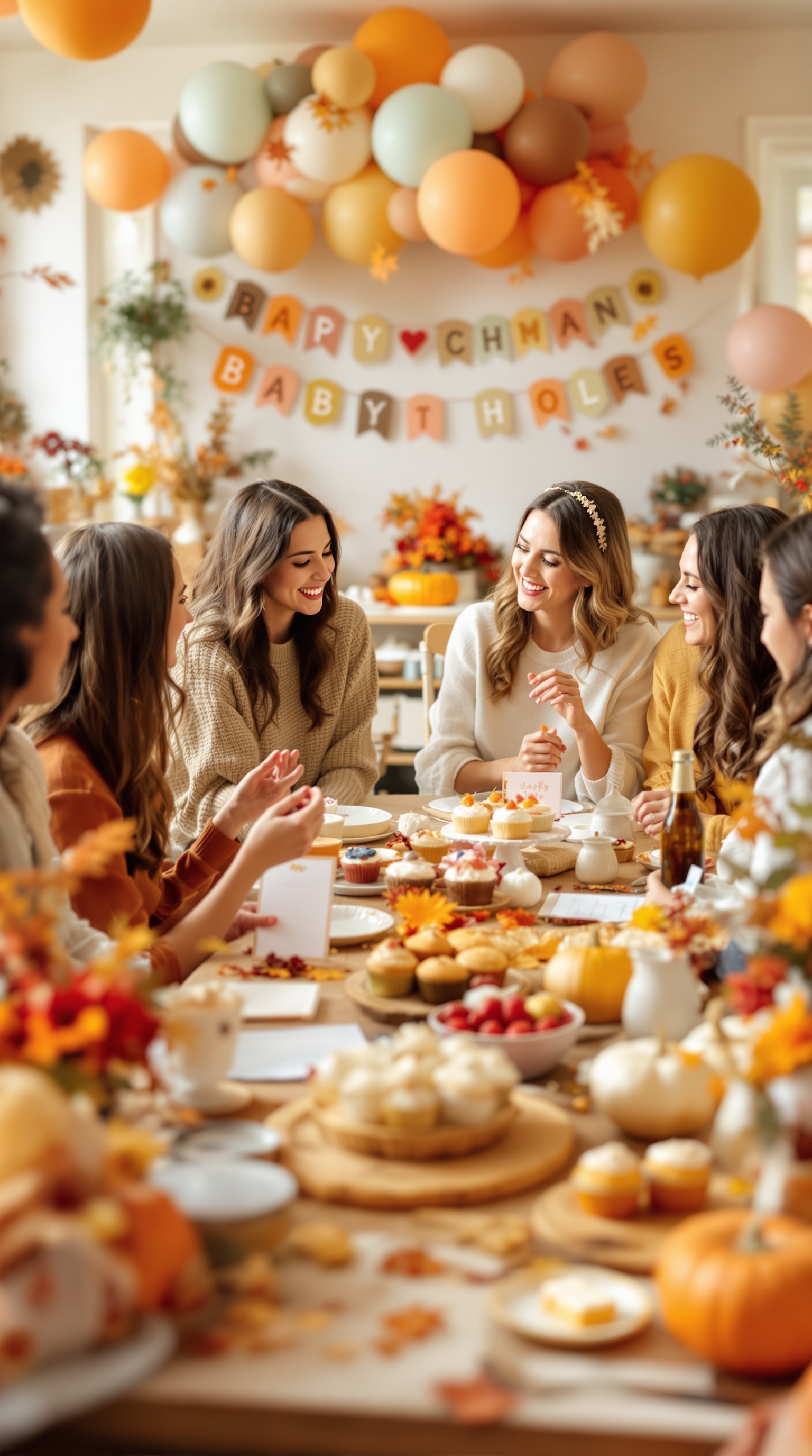 A group of friends enjoying a fall-themed baby shower with decorations and treats.