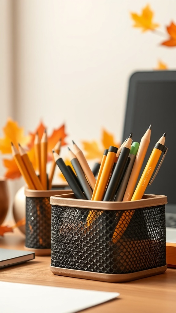Two mesh pencil holders filled with pencils in warm autumn colors on a wooden desk