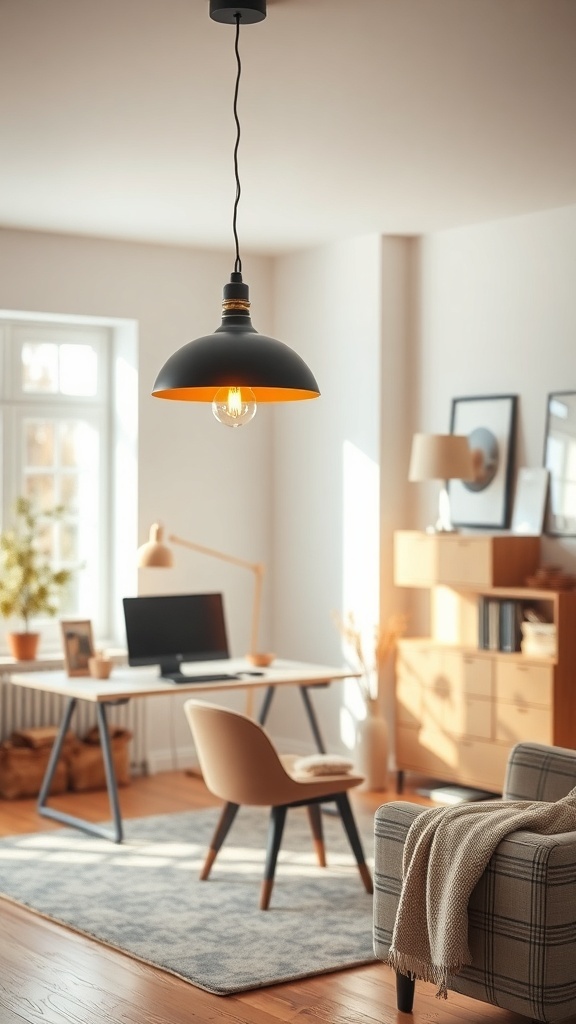 A modern office space featuring a black pendant light with an orange interior, a desk, and a cozy chair.