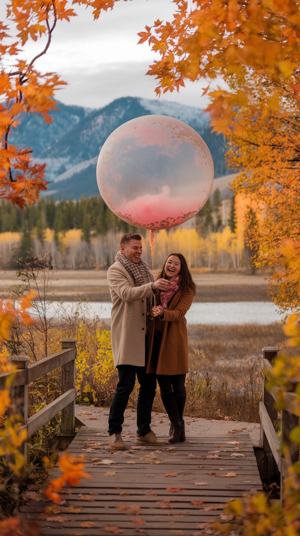 A couple joyfully preparing to pop a large balloon in a fall-themed setting, surrounded by colorful autumn leaves.