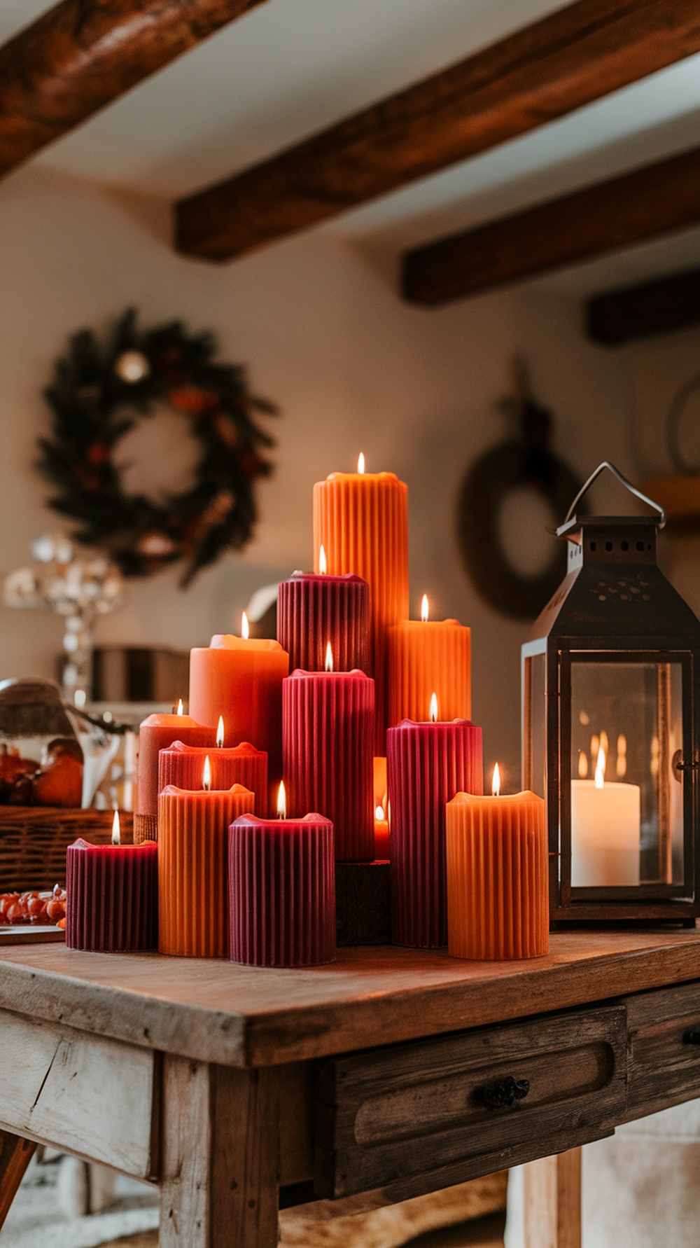 A collection of fall-themed candles in warm colors, arranged in a pyramid shape on a wooden table.