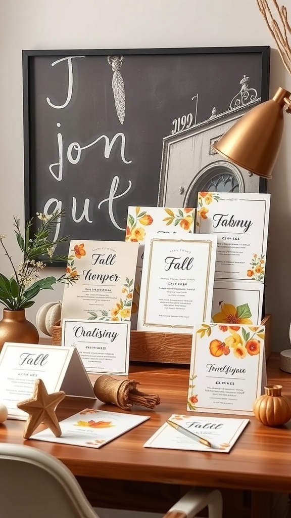 A collection of fall-themed event invitations displayed on a wooden table with autumn decorations.