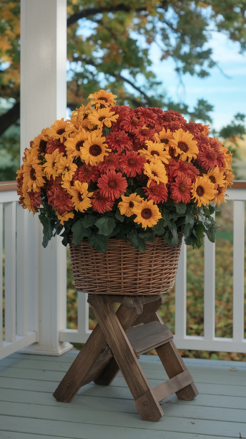 A large wicker basket filled with orange and yellow flowers on a wooden stand on a porch.