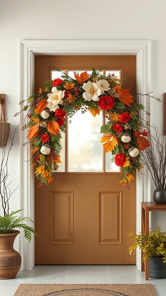 A fall floral swag featuring red roses, white magnolias, orange leaves, and small pumpkins, hanging on a brown door.