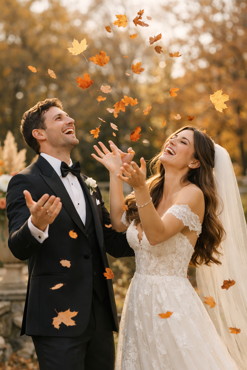 Couple joyfully tossing leaves in the air during an engagement shoot.