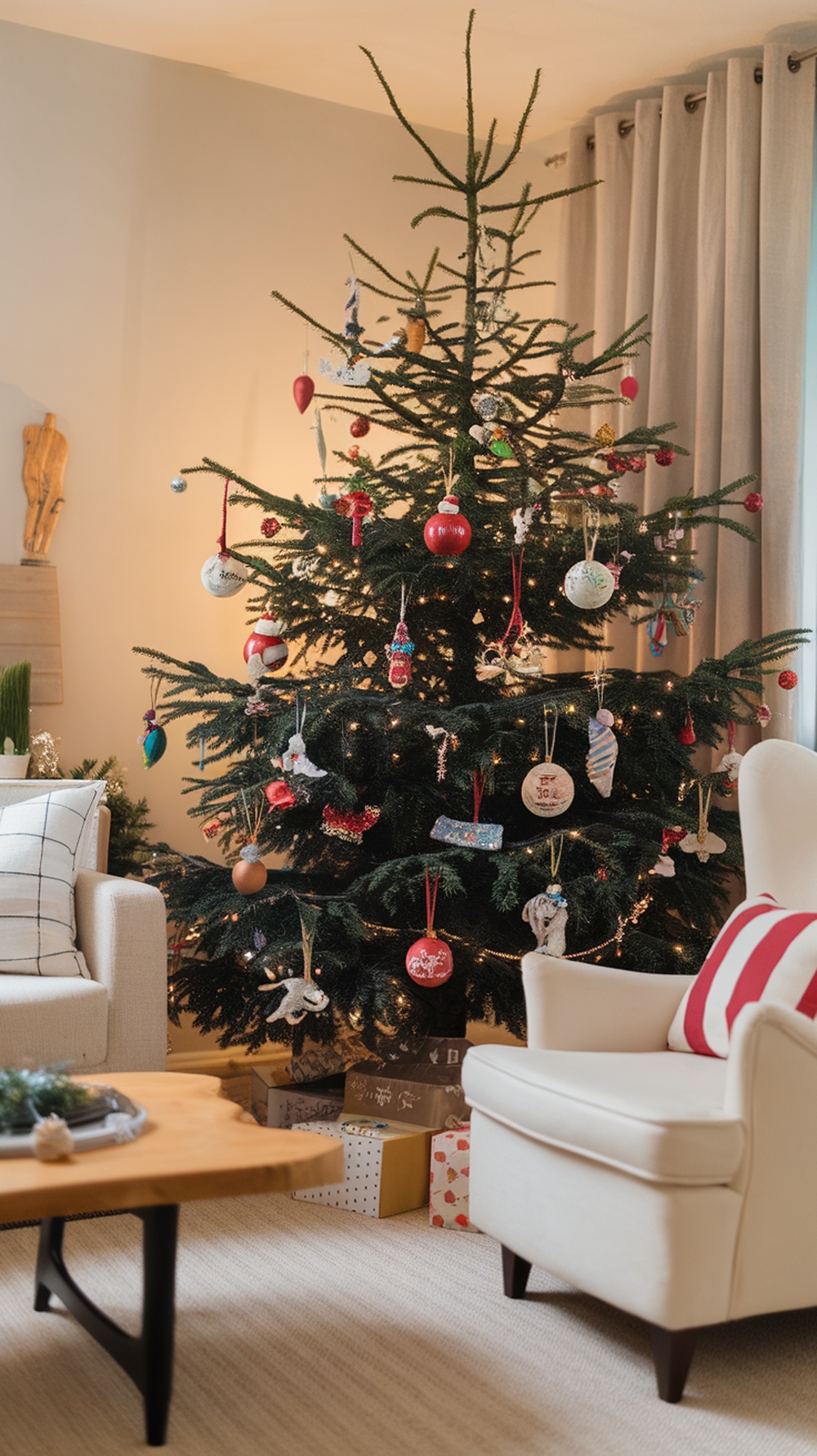A beautifully decorated black Christmas tree with colorful ornaments and lights in a cozy living room setting.