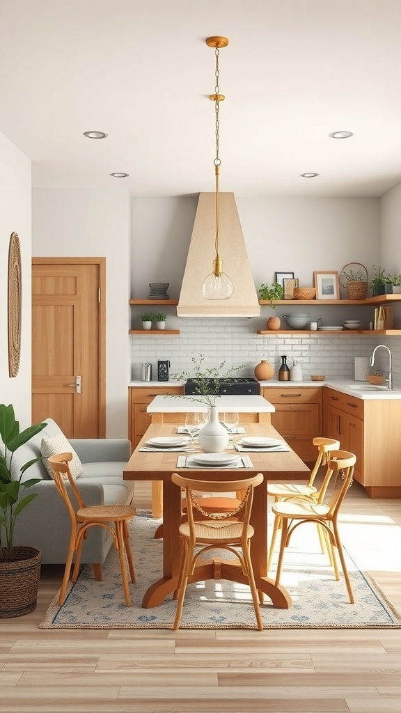 A modern kitchen with wooden furniture, a dining table, and a cozy sofa, designed for family-friendly use.