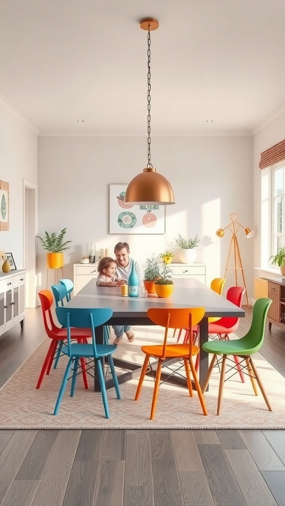 A family-friendly dining area with colorful chairs and a large table, filled with natural light.