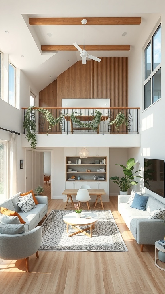 A bright and spacious family-friendly living room with large windows, comfortable seating, and a cozy atmosphere.