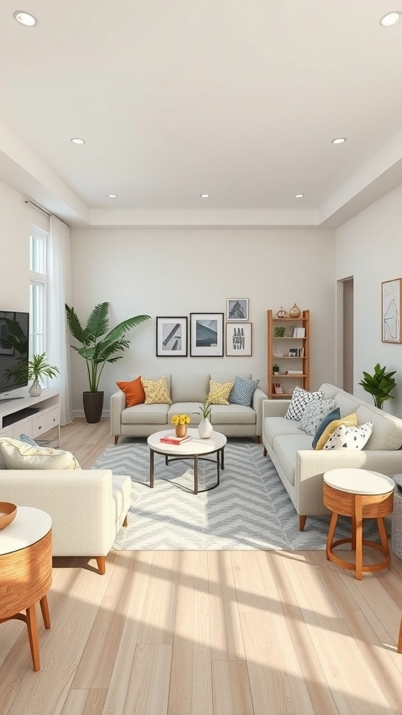 A cozy living room with neutral sofas, colorful pillows, and a central coffee table, designed for family interaction.