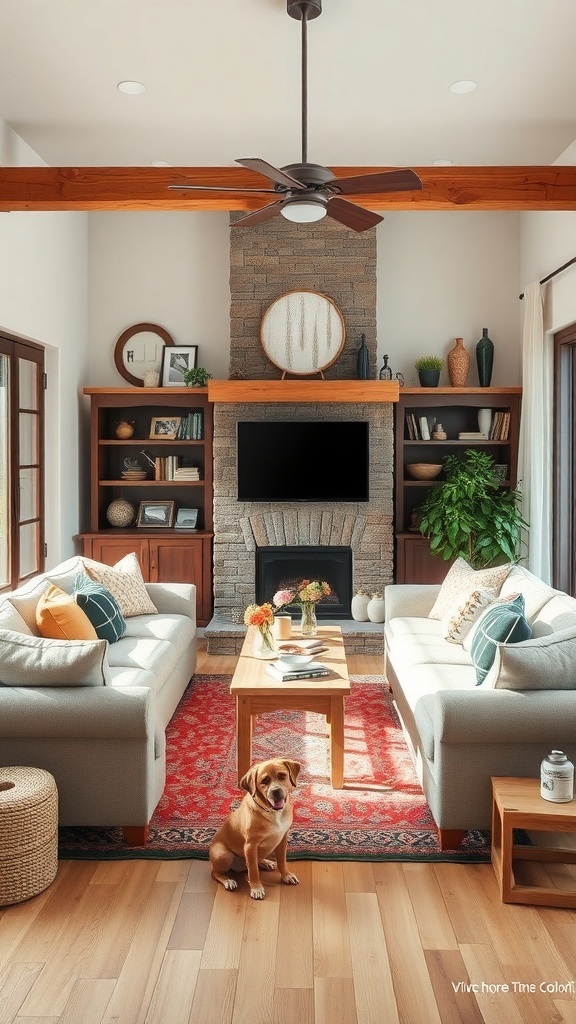 A cozy rustic living room with two sofas, a coffee table, and a dog on the floor.