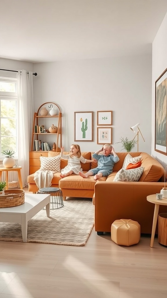 A family-friendly living room with a tan couch, children playing, and a cozy atmosphere.