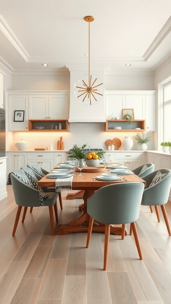 Cozy kitchen with a wooden table, blue chairs, and bright lighting