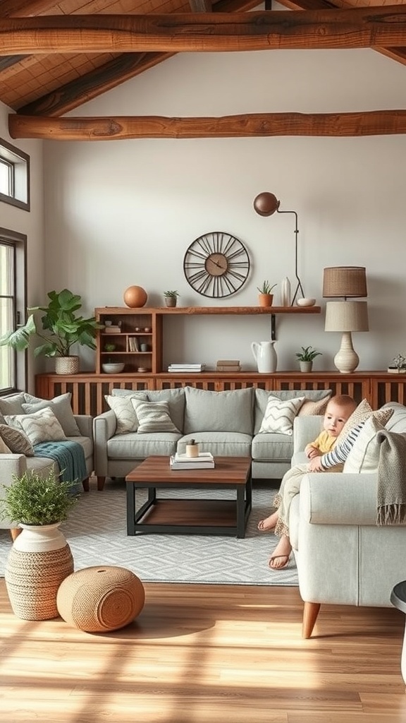 A cozy rustic farmhouse living room with soft sofas, a coffee table, and a child sitting comfortably.