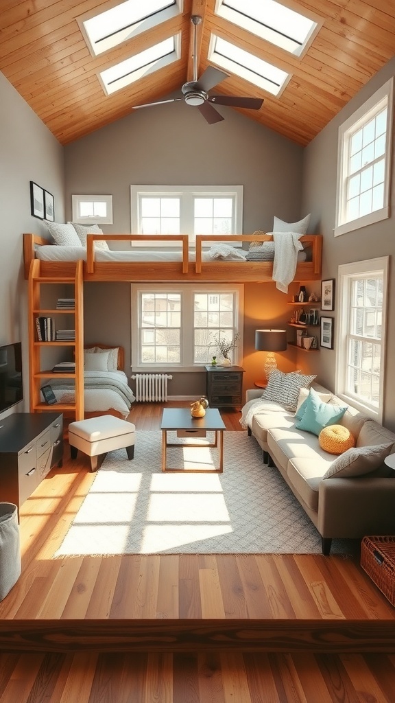 Cozy tiny house interior with lofted bed and bright windows