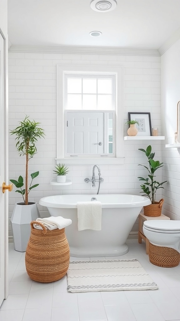 A bright, family-friendly white bathroom featuring a freestanding tub, plants, and woven storage baskets.