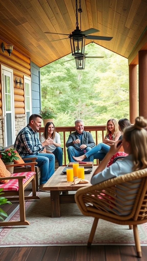 A group of people enjoying time together on a cozy cabin porch.