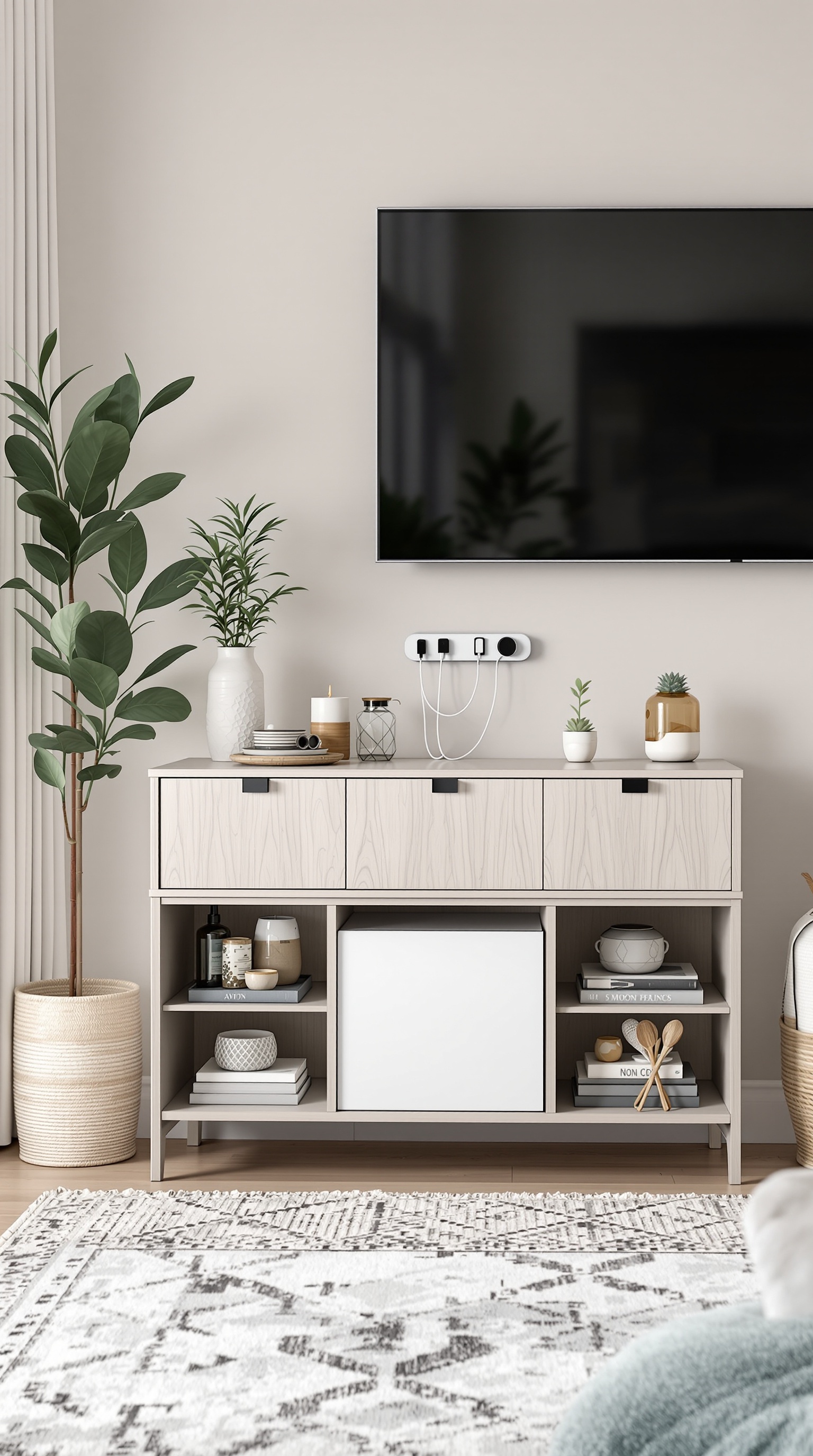A stylish family charging station with cable management on a console table, featuring plants and decorative items.