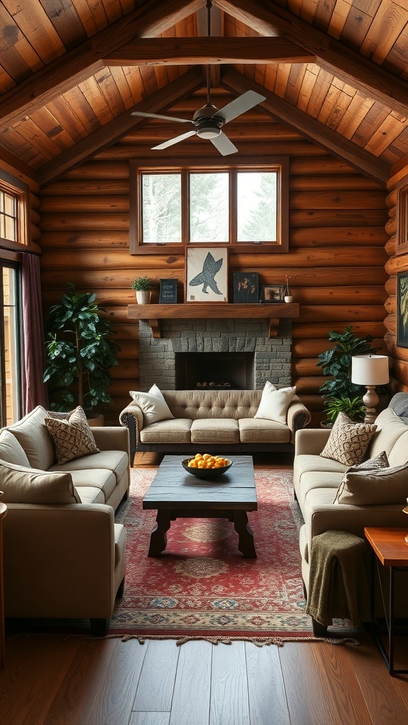 Cozy cabin living room with a family game area featuring comfortable sofas and a central coffee table.