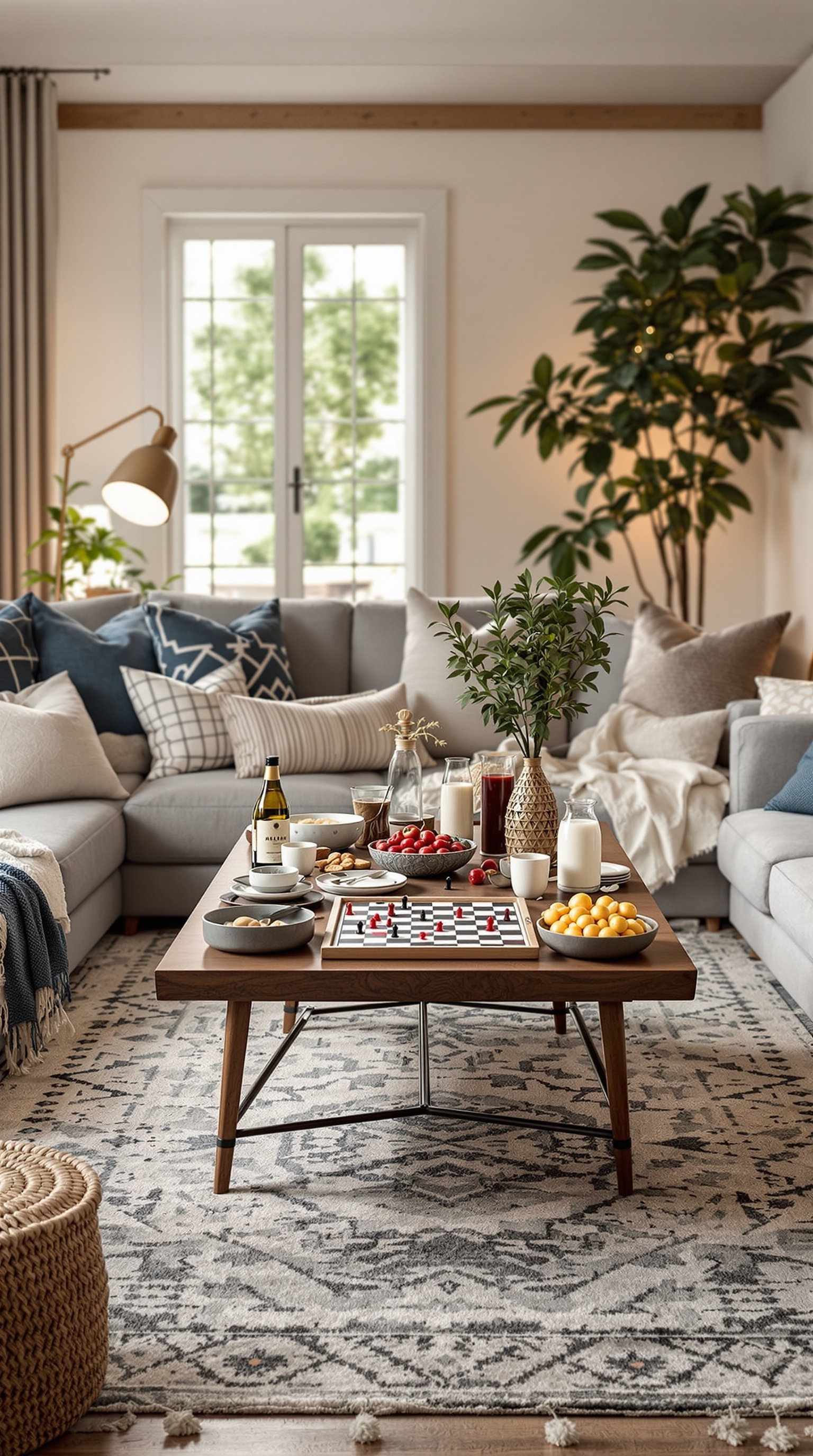 Cozy living room setup for family game night with a coffee table, snacks, and a chessboard.