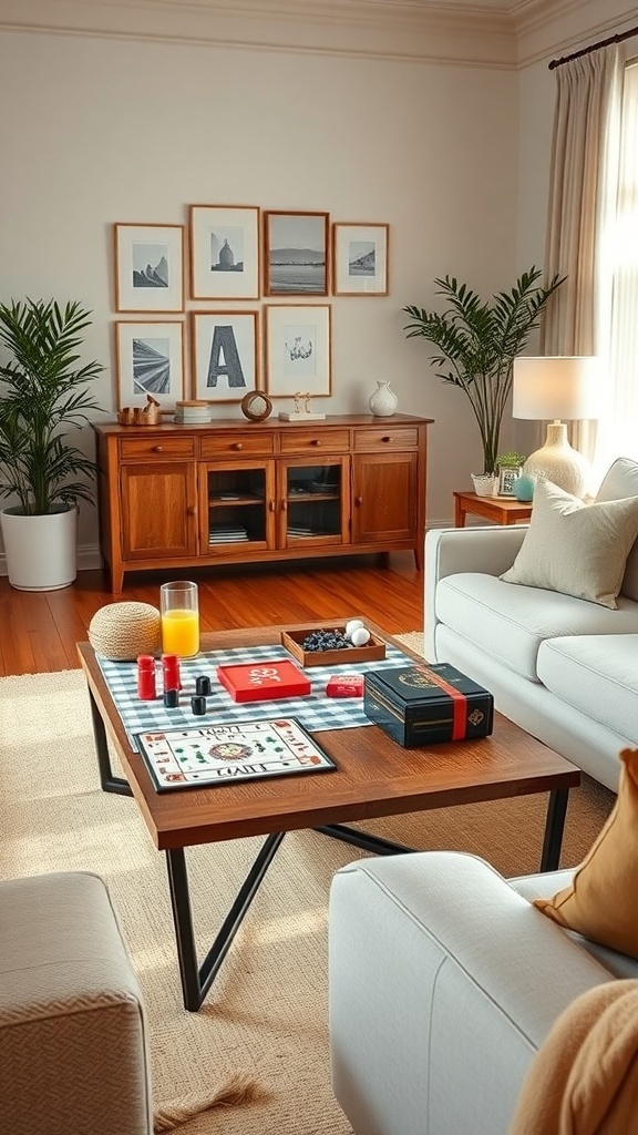 Cozy living room with a coffee table set for family game night, featuring a Monopoly game, snacks, and plants.
