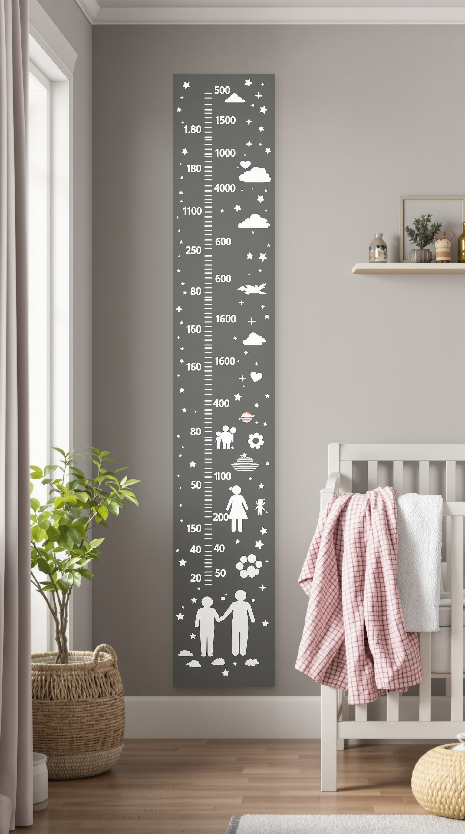 Stylish family growth chart decal on a wall with playful designs.