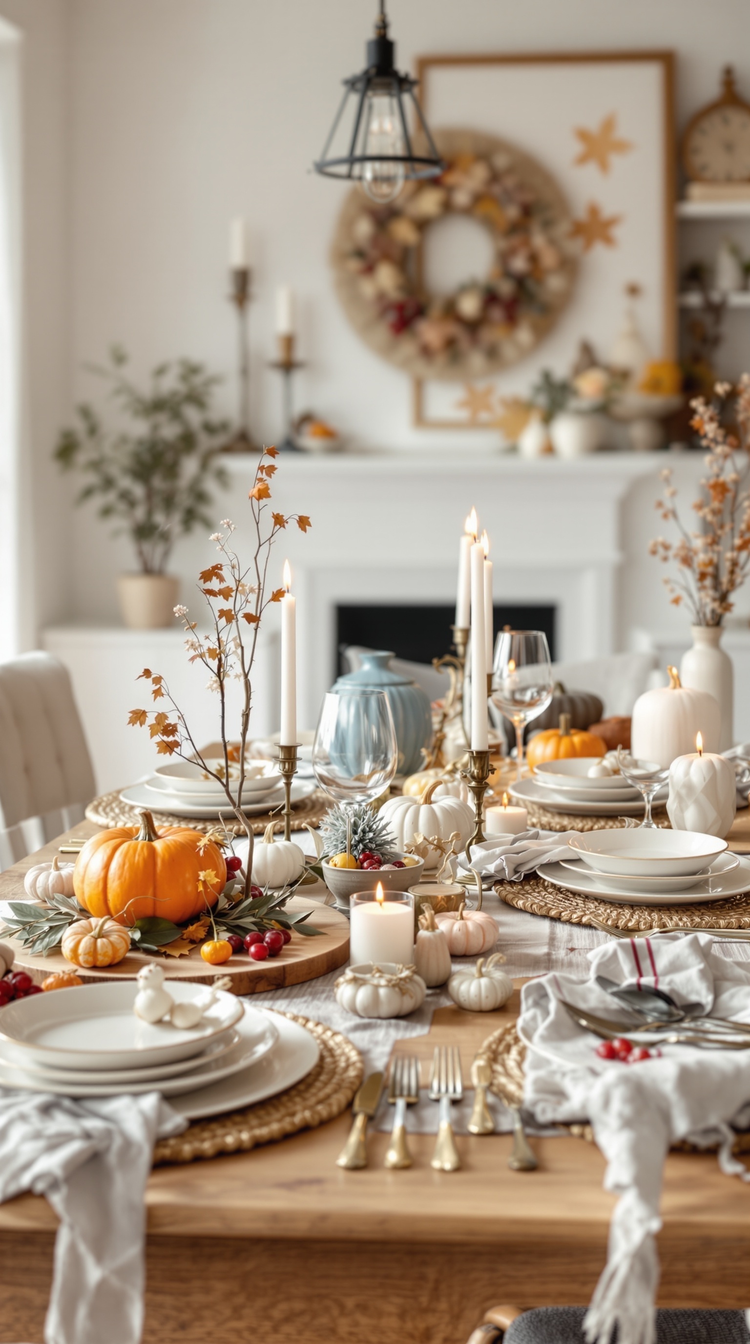 A beautifully set Thanksgiving table with pumpkins, candles, and elegant tableware.