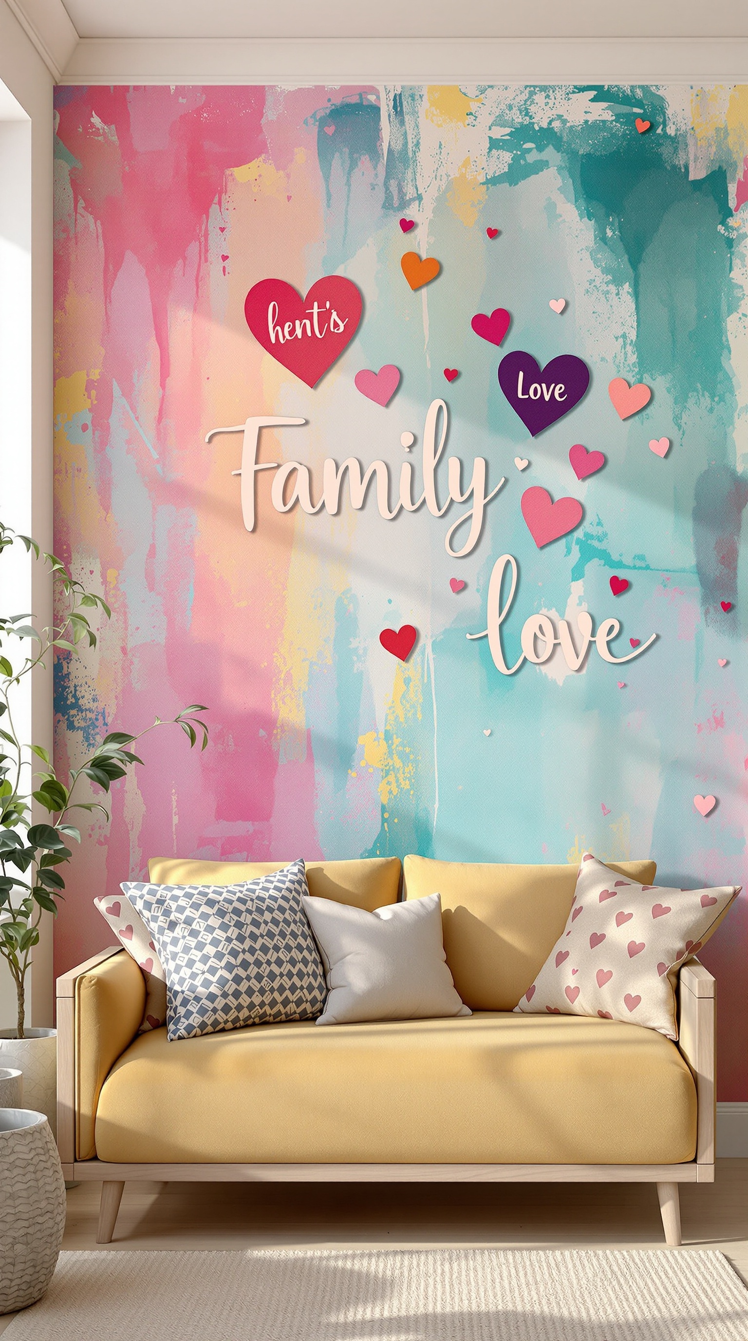 Colorful wall with heart decals and the phrase 'Family Love' in a cozy living room setting.