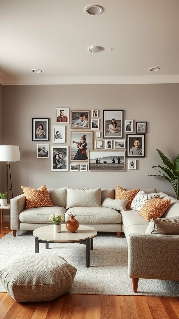 A cozy living room with a family photo collage on the wall, featuring various framed pictures.