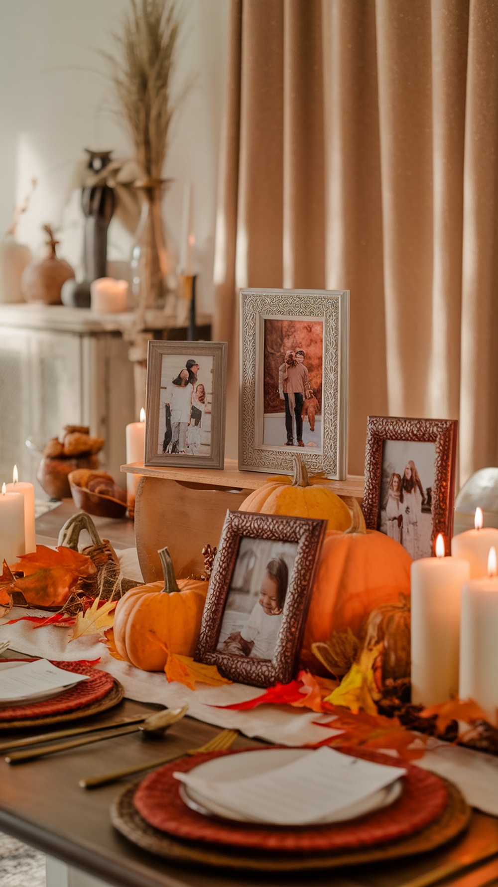 A Thanksgiving table setting with family photos, pumpkins, and candles.