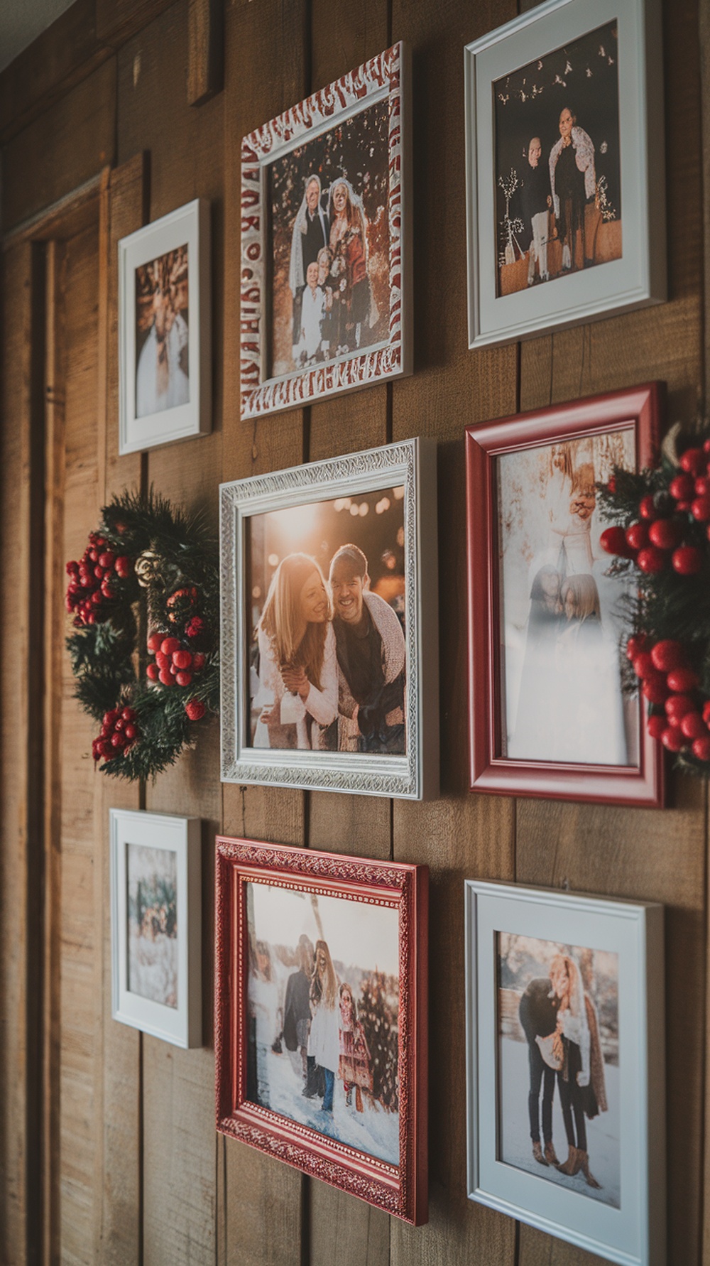 A wall display of family photos framed in various colors, accompanied by a festive wreath.