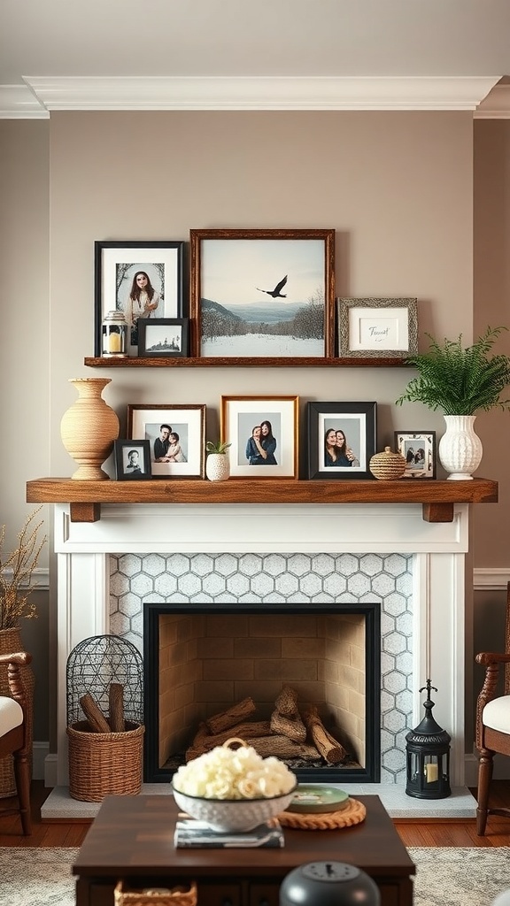 A rustic farmhouse fireplace with family photos displayed on a wooden mantel, surrounded by decorative items.
