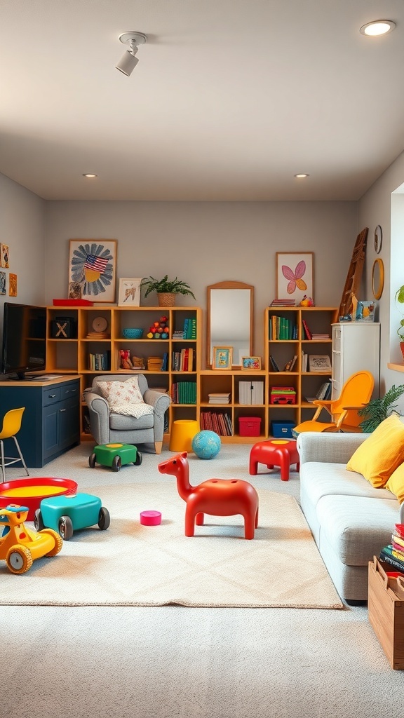 Brightly decorated family playroom in a basement with toys, comfy seating, and cheerful decor.