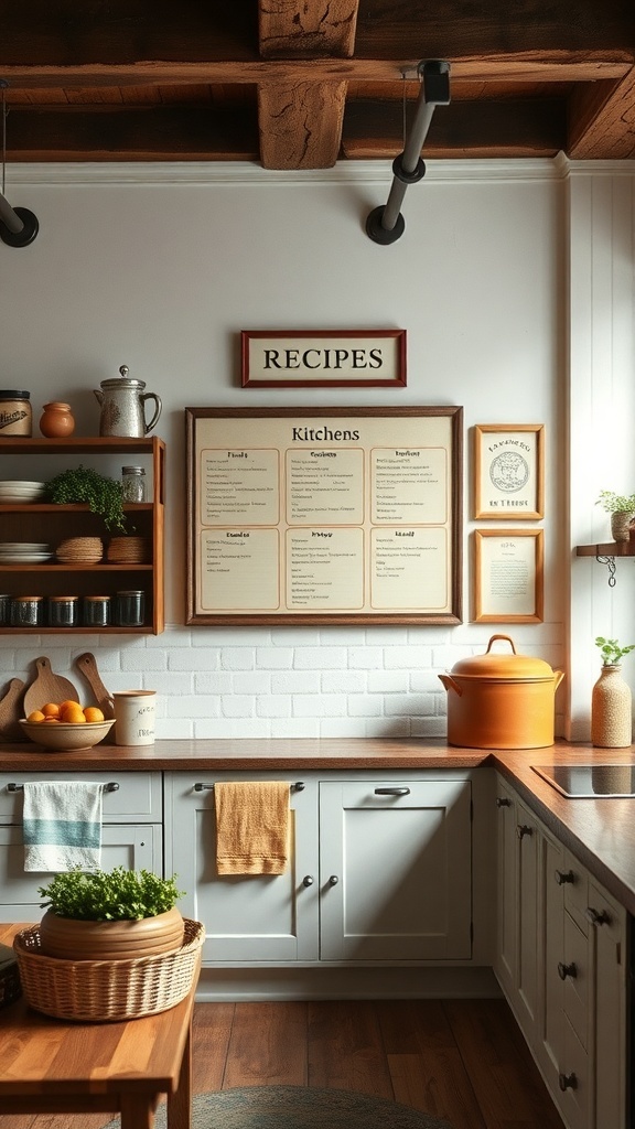 Rustic farmhouse kitchen with a family recipe display and fresh ingredients.