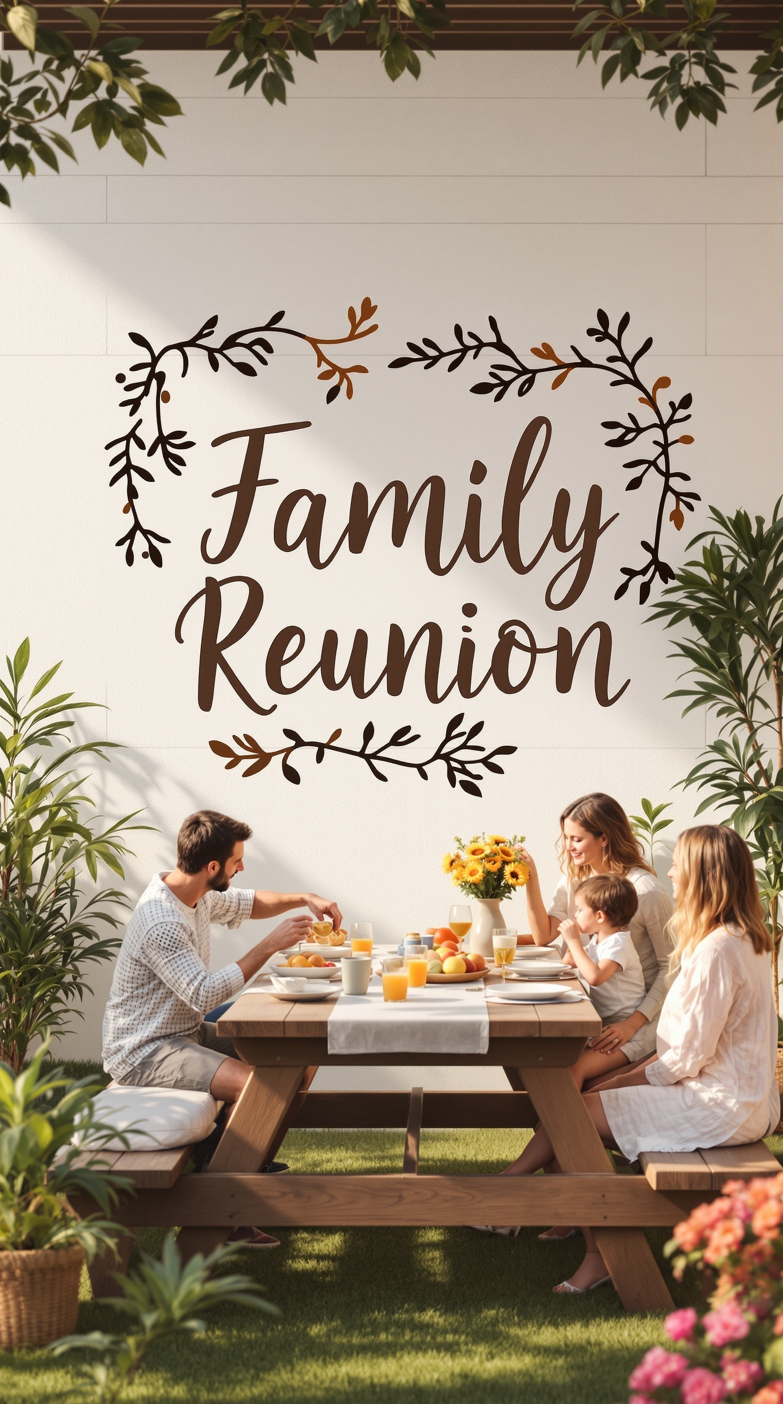 A family enjoying a reunion outdoors with a 'Family Reunion' decal on the wall.