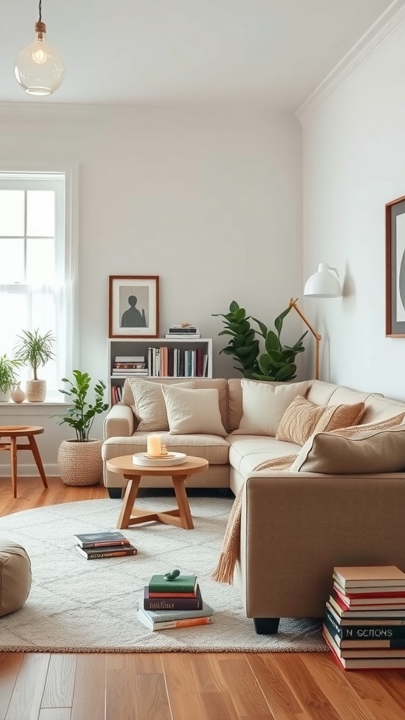 Cozy family room with a sofa, coffee table, plants, and books, creating a reading retreat.