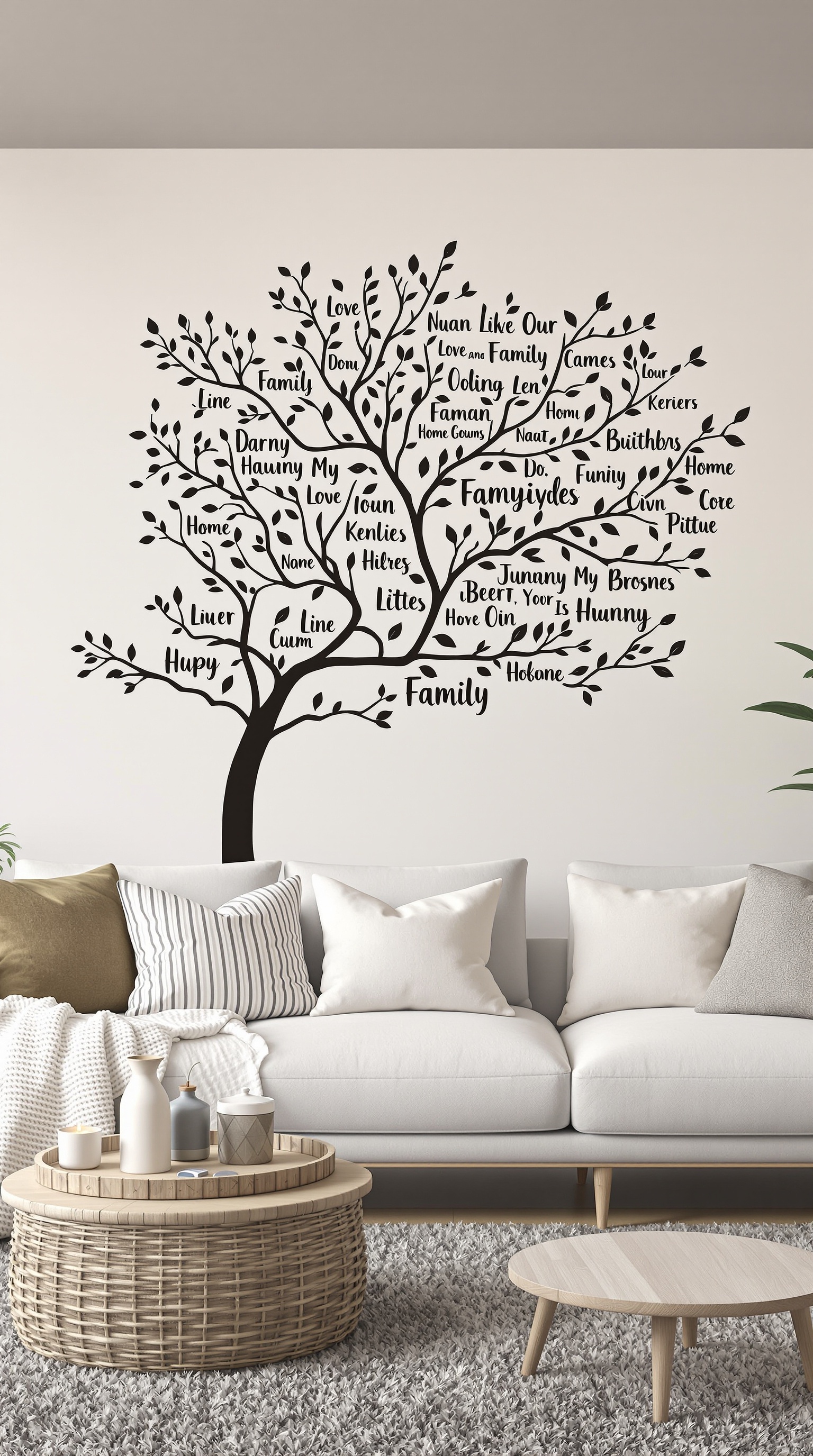 A family tree wall art decal featuring branches with words and phrases related to family.