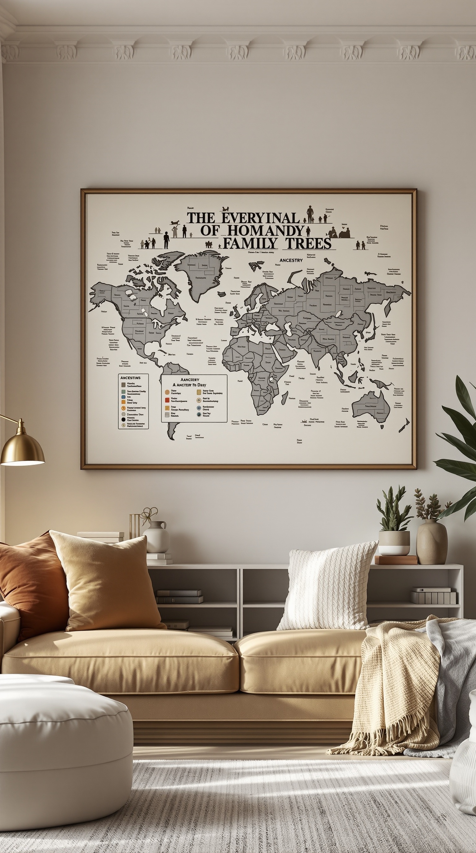 A decorative wall art piece featuring a world map with family trees and ancestry information.