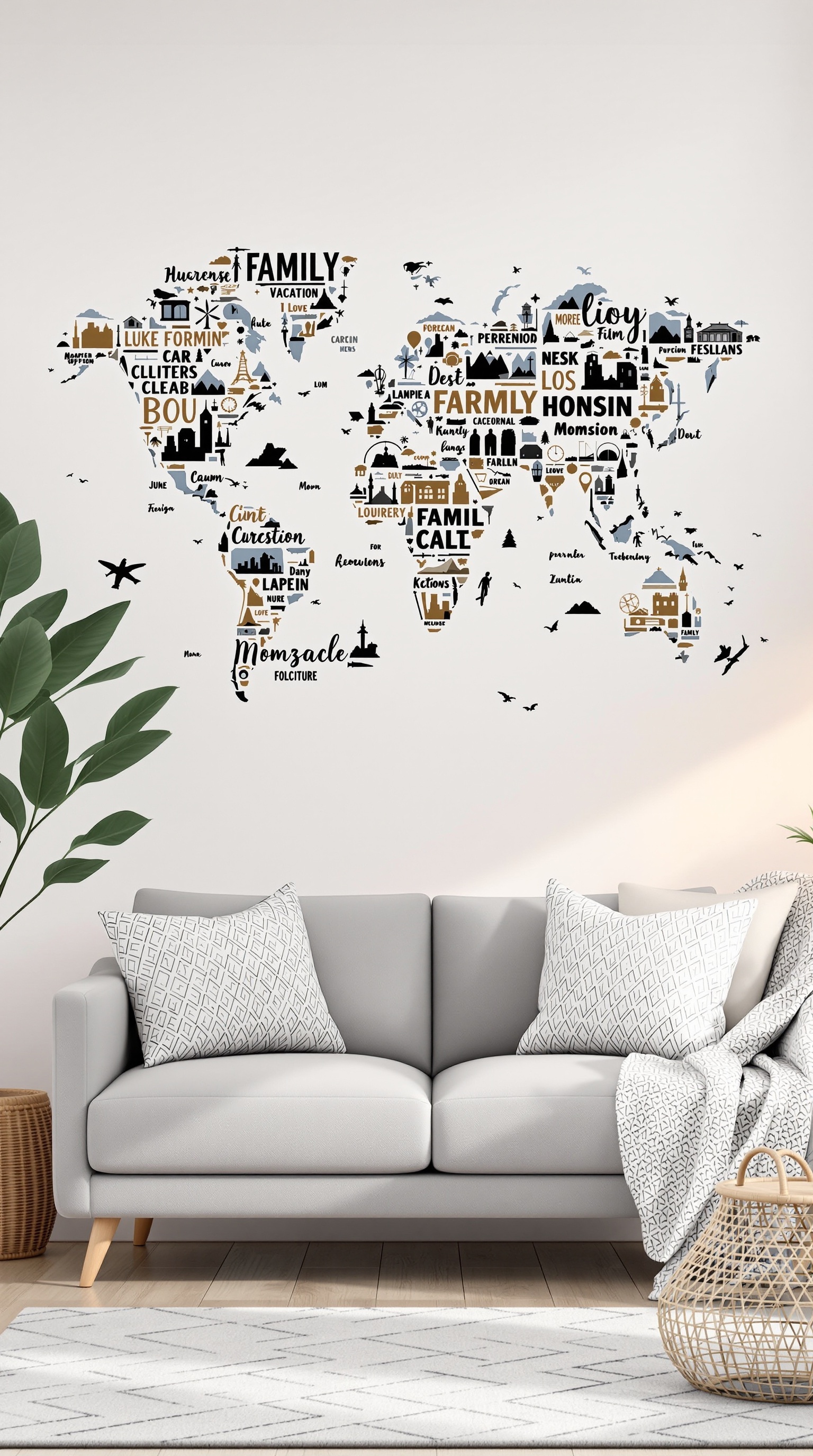 A stylish wall decal of a world map featuring family vacation memories.