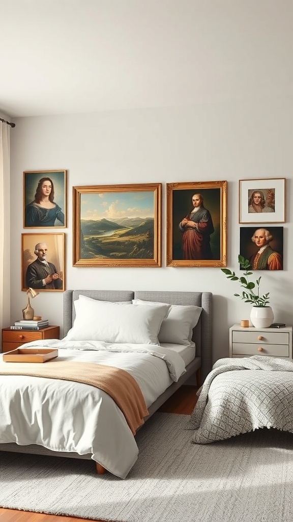A cozy dorm room with famous art reproductions on the wall, featuring portraits and landscapes in elegant frames.