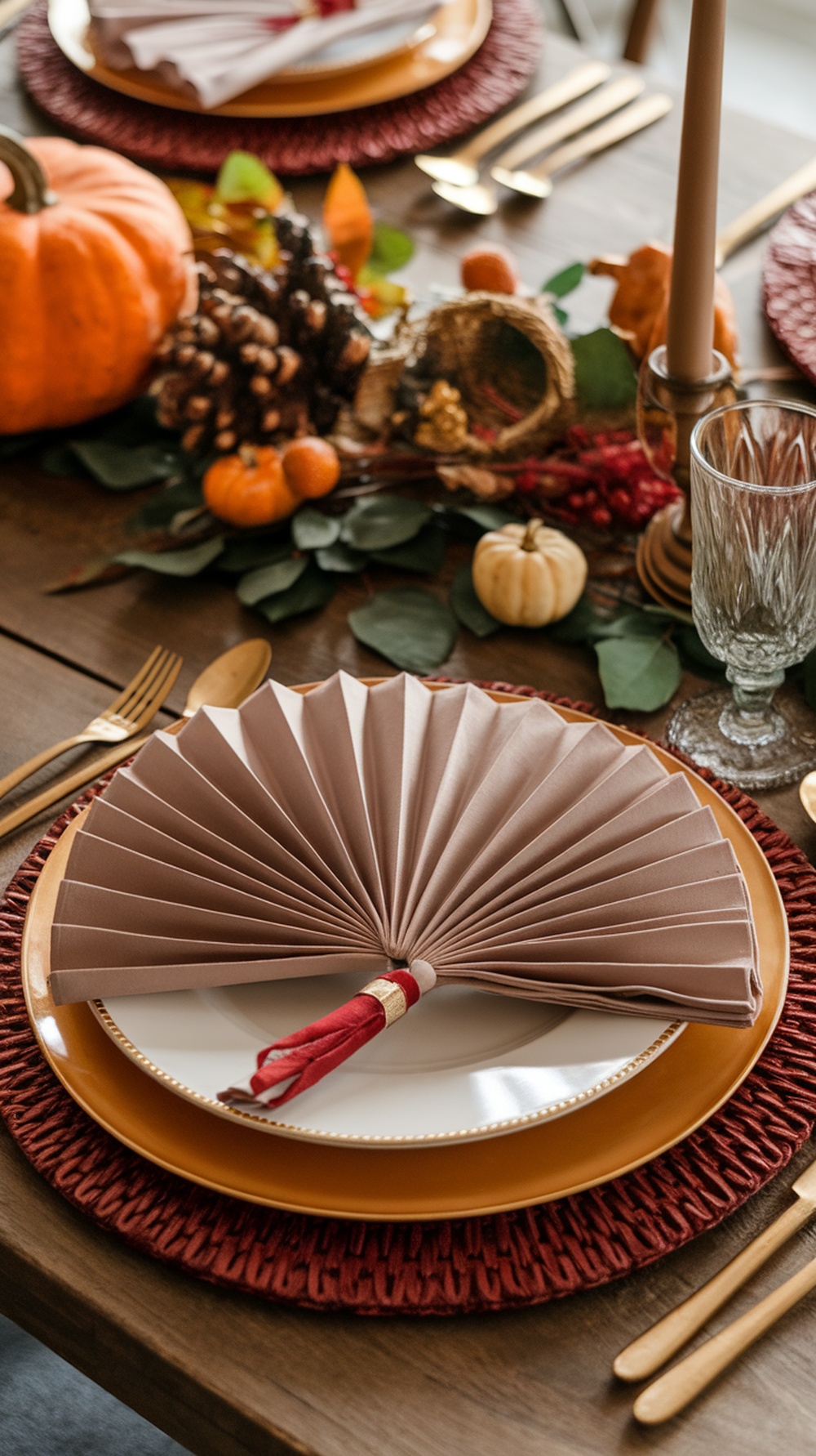 A beautifully folded fan napkin on a plate, surrounded by a festive Thanksgiving table setting.