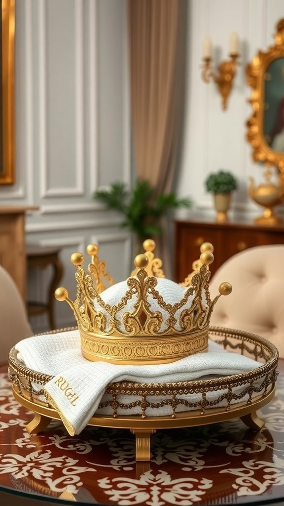 A decorative towel folded into a crown shape, placed on a golden tray.