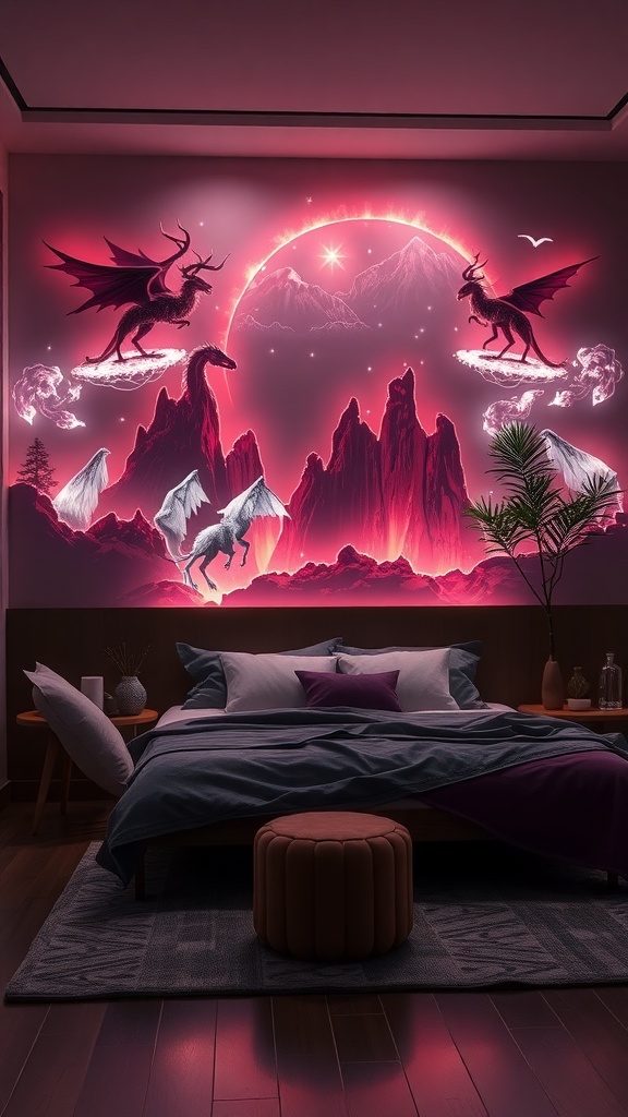 A vibrant LED wall art mural featuring dragons and deer against a mountain backdrop, creating a fantasy atmosphere.