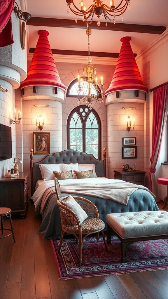 A children's bedroom designed like a fantasy castle with turret-like structures, elegant bed, and warm lighting.