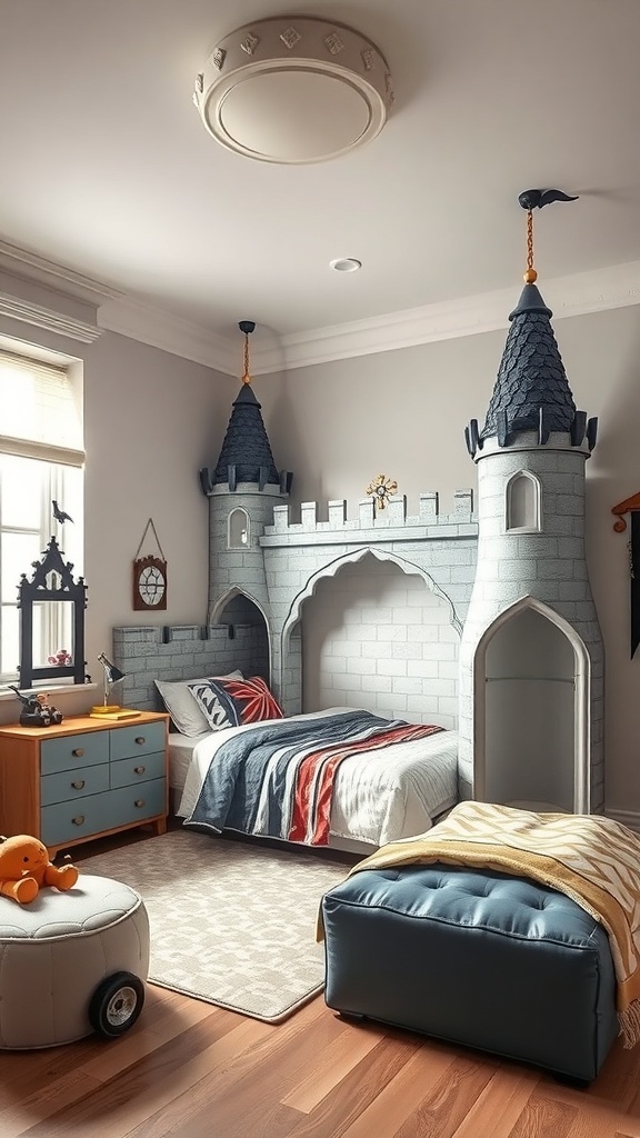 A boy's bedroom featuring a castle-themed bed with towers, colorful bedding, and playful decor.